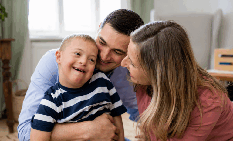 Smiling child and parents sharing a joyful moment together at home.