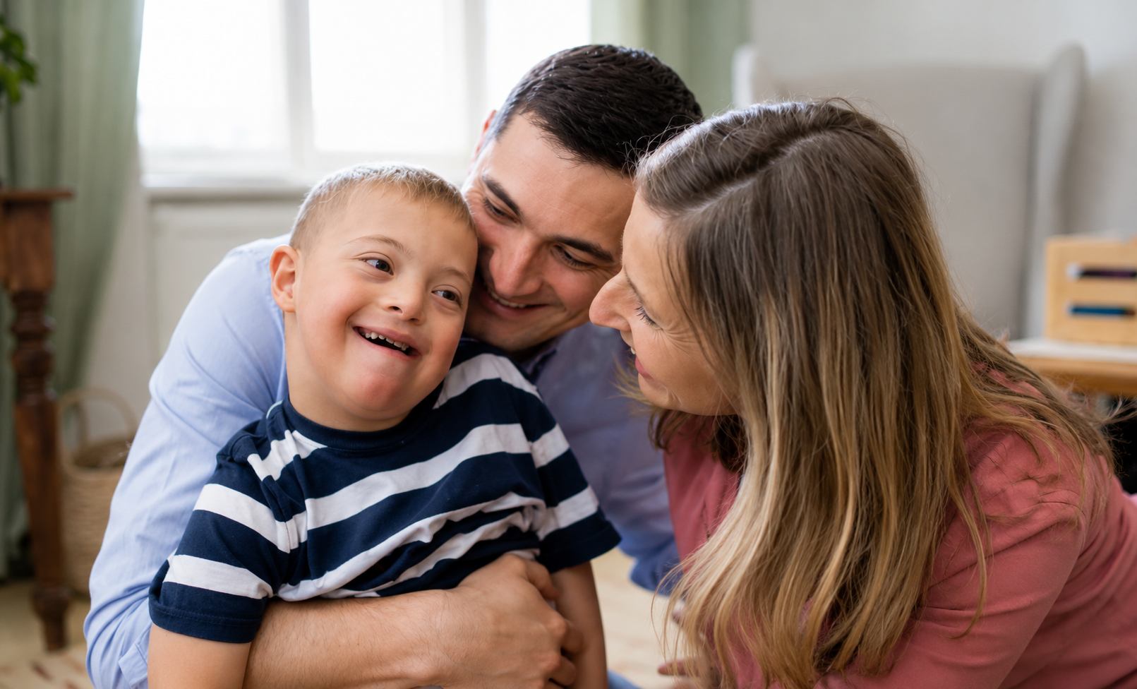 Smiling child and parents sharing a joyful moment together at home.